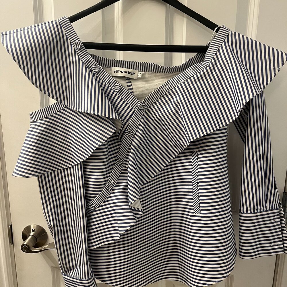 Self Portrait Striped Frill Asymmetrical Off Shoulder Blouse Ruffles Size 4 NWOT
